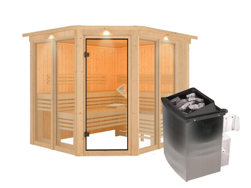 Karibu Sauna Ainur mit Dachkranz und 9 kW Ofen Integr. Strg 68 mm