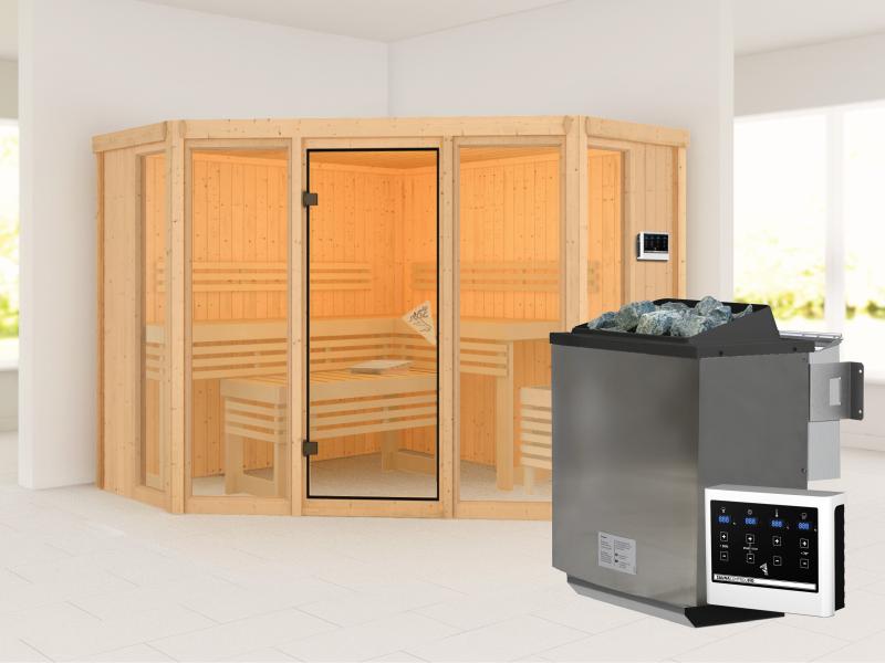 Karibu Sauna Alcinda mit 9 kW Bioofen Ext. Strg  68 mm