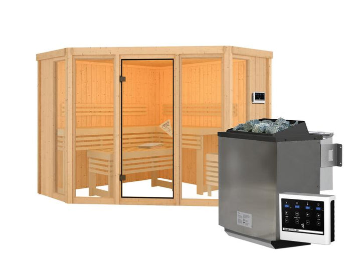 Karibu Sauna Alcinda mit 9 kW Bioofen Ext. Strg  68 mm