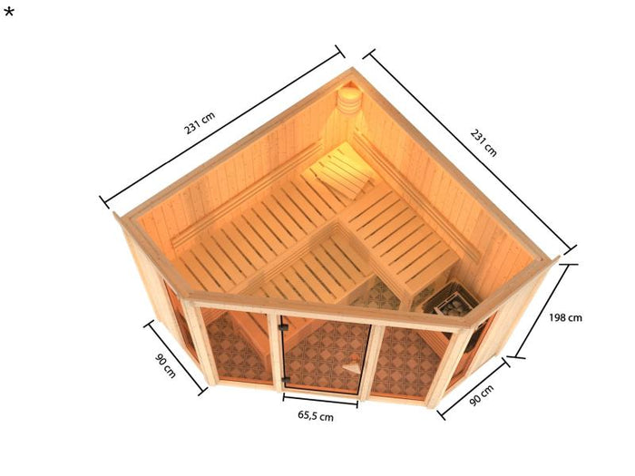 Karibu Sauna Alcinda mit 9 kW Bioofen Ext. Strg  68 mm