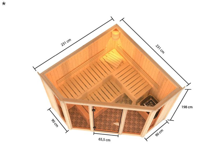 Karibu Sauna Alcinda mit 9 kW Ofen Ext. Strg 68 mm