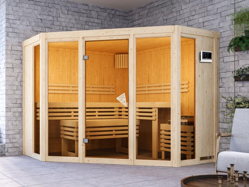Karibu Sauna Alcinda mit 9 kW Ofen Ext. Strg 68 mm