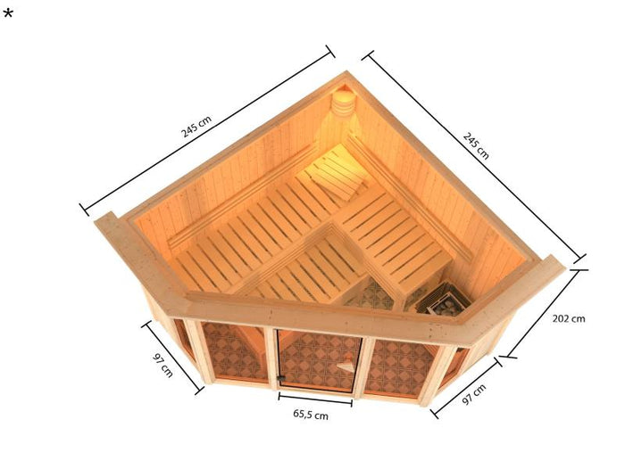 Karibu Sauna Alcinda mit Dachkranz- ohne Ofen 68 mm