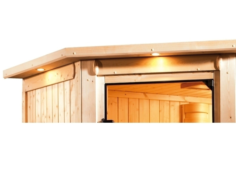 Karibu Sauna Antonia inkl. 9 kW Bioofen ext. Steuerung mit klassischer Saunatür -mit Dachkranz-