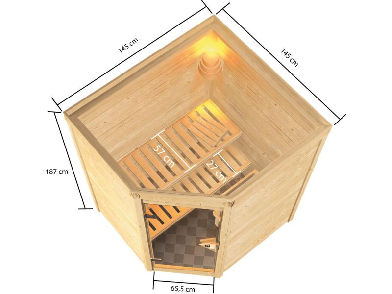 Karibu Sauna Antonia inkl. 9 kW Ofen ext. Steuerung mit klassischer Saunatür -ohne Dachkranz-