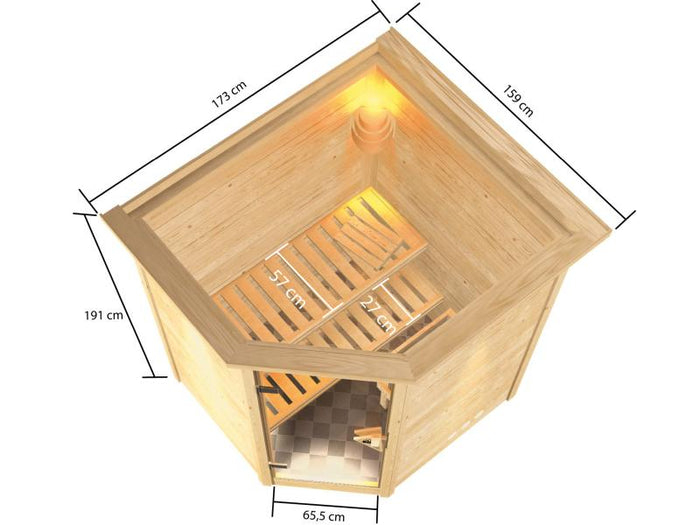 Karibu Sauna Antonia inkl. 9 kW Ofen ext. Steuerung mit klassischer Saunatür -mit Dachkranz-