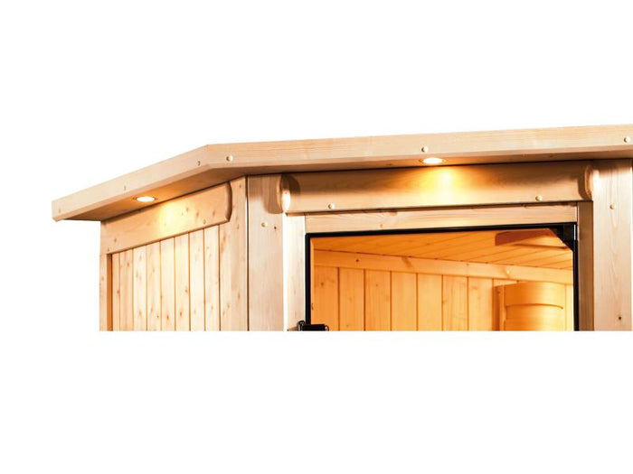 Karibu Sauna Antonia inkl. 9 kW Ofen integr. Steuerung mit klassischer Saunatür -mit Dachkranz-