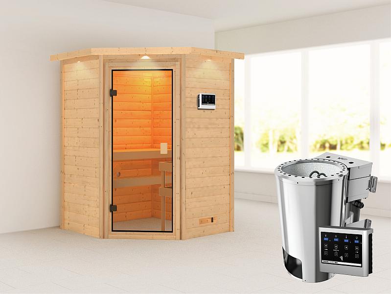 Karibu Sauna Antonia mit 3,6 kW Bioofen ext. Strg und Dachkranz 38 mm