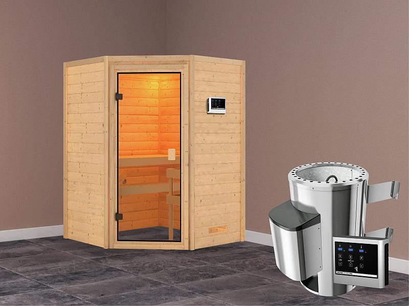 Karibu Sauna Antonia mit 3,6 kW Ofen ext. Strg ohne Dachkranz 38 mm