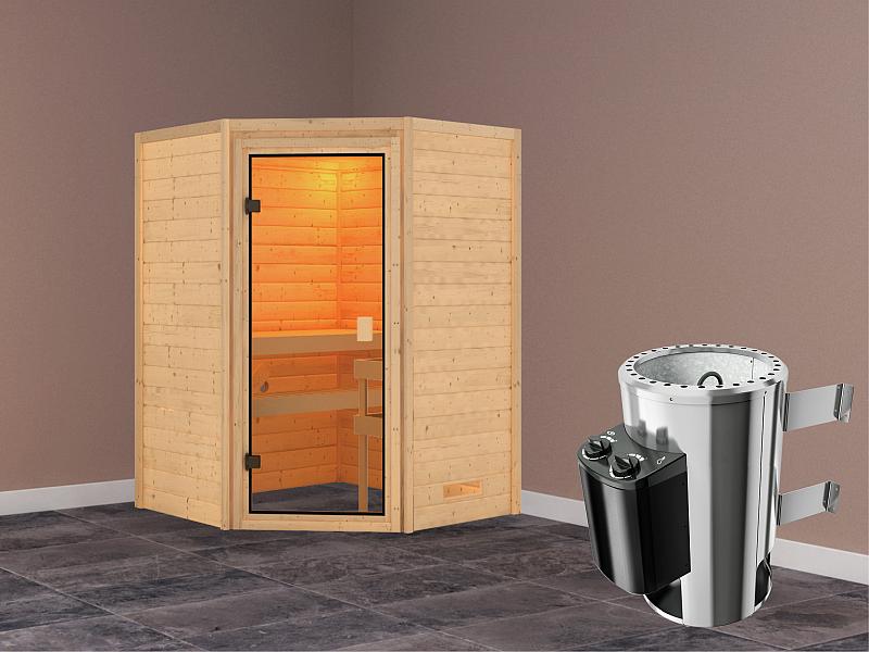 Karibu Sauna Antonia mit 3,6 kW Ofen integr. Strg ohne Dachkranz 38 mm