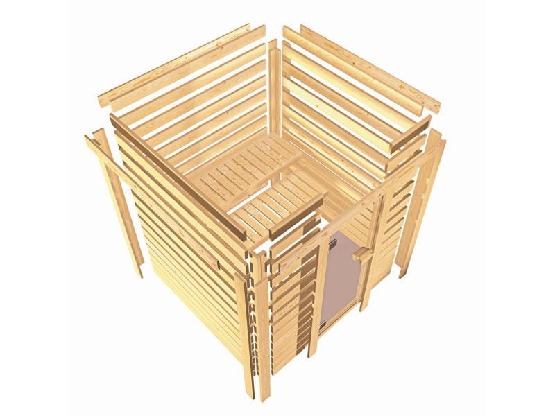 Karibu Sauna Antonia mit 3,6 kW Ofen integr. Strg und Dachkranz 38 mm