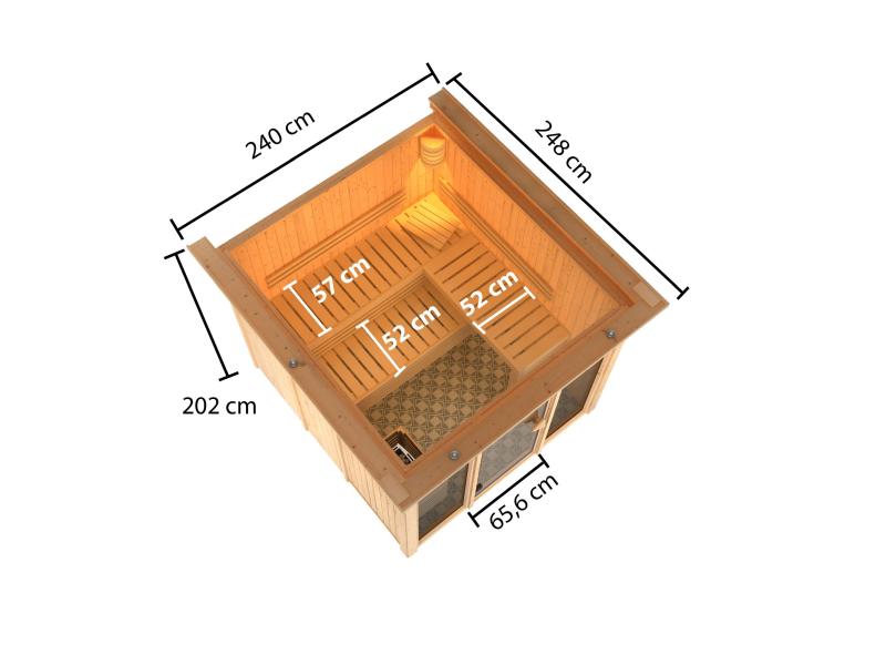 Karibu Sauna Askja 68 mm- 9 kW Ofen ext.Strg- mit Dachkranz