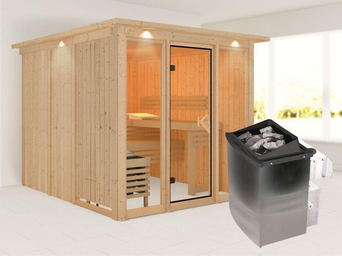 Karibu Sauna Askja 68 mm- 9 kW Ofen integr.Strg- mit Dachkranz