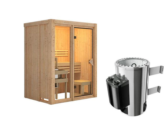 Karibu Sauna Avari 1 inkl. 3,6 kW Ofen intgr. Steuerung - ohne Dachkranz