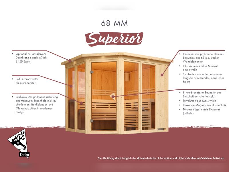 Karibu Sauna Avari 1 inkl. 3,6 kW Ofen intgr. Steuerung - ohne Dachkranz