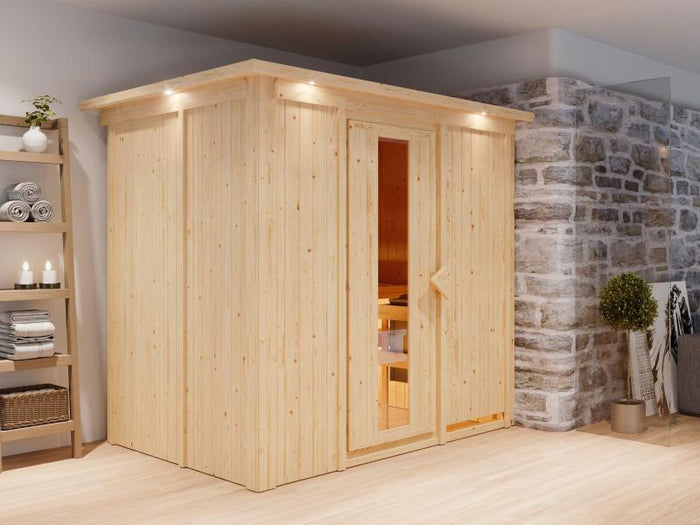 Karibu Sauna Bodin inkl. 9 kW Bioofen ext. Steuerung,mit energiesparender Saunatür - mit Dachkranz-