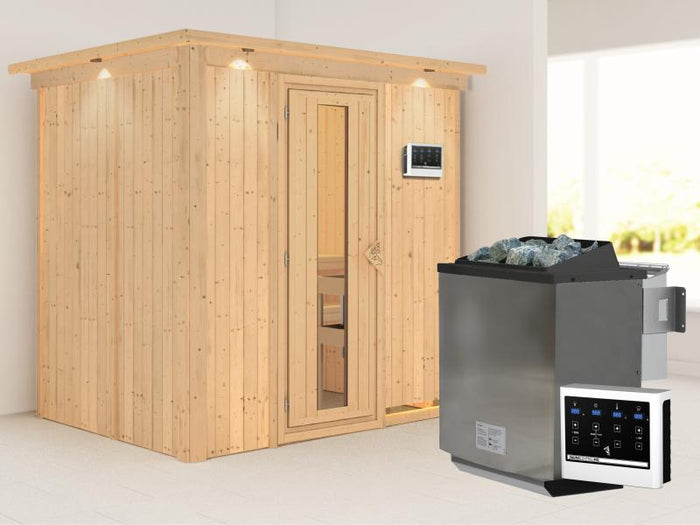 Karibu Sauna Bodin inkl. 9 kW Bioofen ext. Steuerung,mit energiesparender Saunatür - mit Dachkranz-