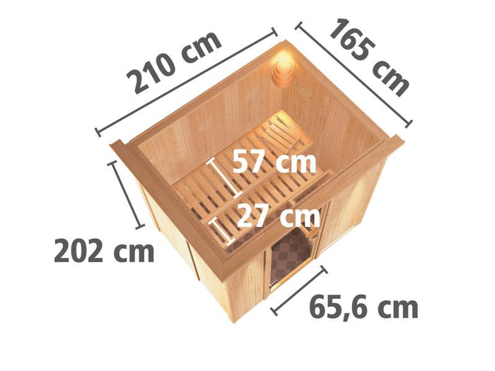 Karibu Sauna Bodin inkl. 9 kW Bioofen ext. Steuerung,mit energiesparender Saunatür - mit Dachkranz-