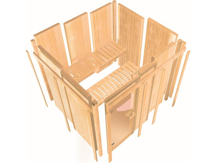 Karibu Sauna Bodin inkl. 9 kW Bioofen ext. Steuerung, mit moderner Saunatür -ohne Dachkranz-