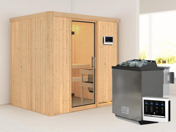 Karibu Sauna Bodin inkl. 9 kW Bioofen ext. Steuerung, mit Klarglas Ganzglastür -ohne Dachkranz-