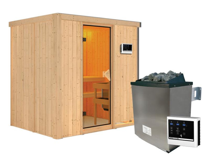 Karibu Sauna Bodin inkl. 9 kW Ofen + externer Steuerung - ohne Dachkranz -mit Energiespartür