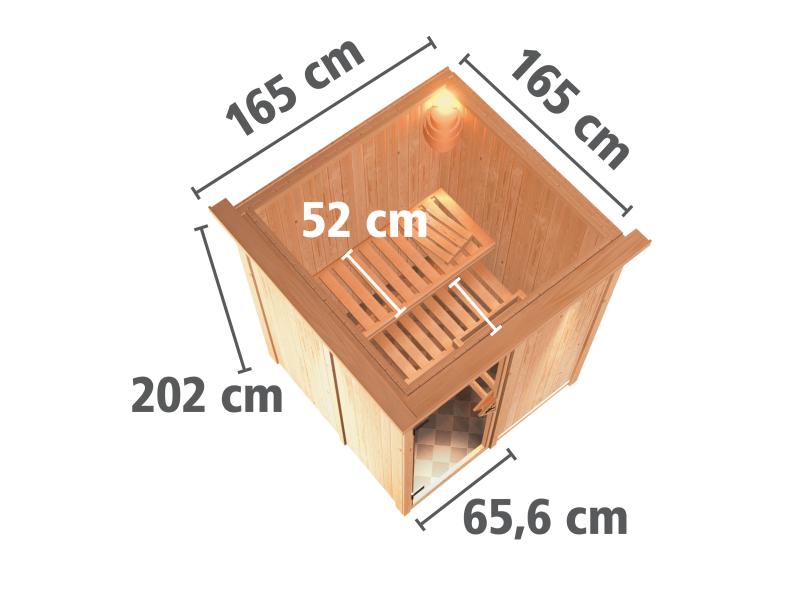 Karibu Sauna Bodin inkl. 9 kW Ofen ext. Steuerung mit moderner Saunatür -mit Dachkranz-