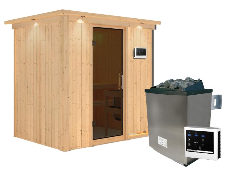 Karibu Sauna Bodin inkl. 9 kW Ofen ext. Steuerung mit moderner Saunatür -mit Dachkranz-