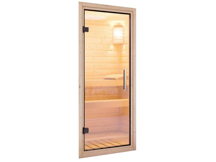 Karibu Sauna Bodin inkl. 9 kW Ofen ext. Steuerung, mit Klarglas Ganzglastür -ohne Dachkranz-