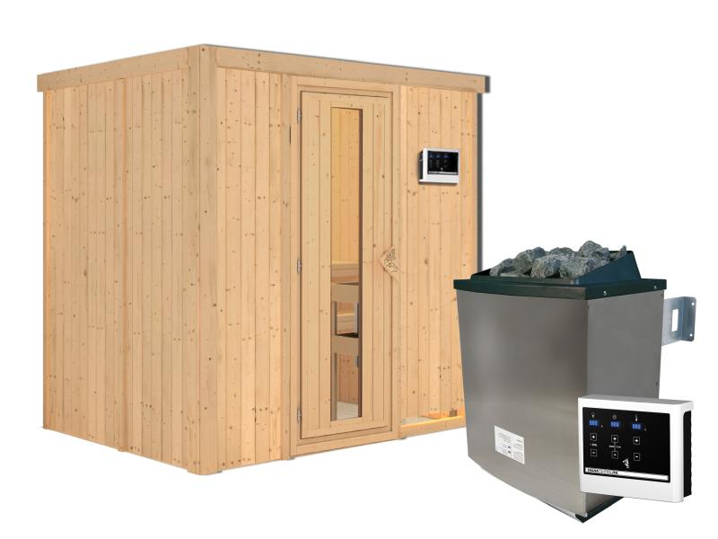 Karibu Sauna Bodin inkl. 9 kW Ofen externer Steuerung, mit energiesparender Saunatür -ohne Dachkranz