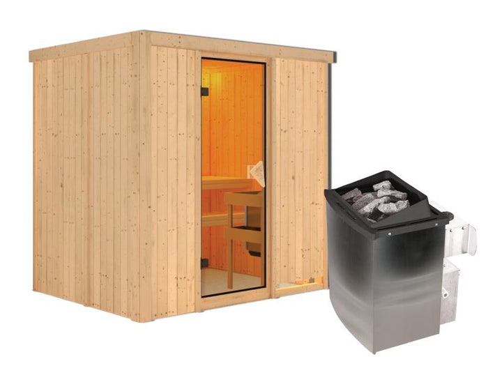 Karibu Sauna Bodin inkl. 9 kW Ofen integr. Steuerung, mit bronzierter Saunatür -ohne Dachkranz-