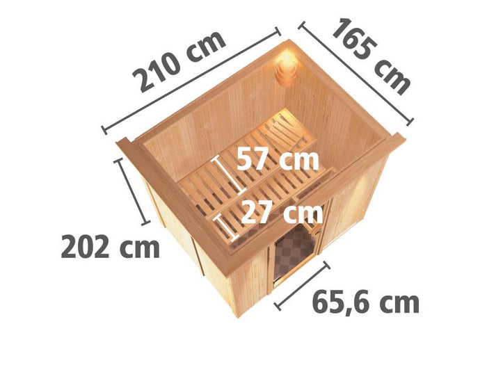 Karibu Sauna Bodin inkl. 9 kW Ofen integr. Steuerung mit Klarglas Ganzglastür -mit Dachkranz-