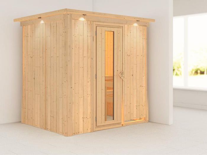 Karibu Sauna Bodin ohne Ofen, mit Dachkranz, mit energiesparender Saunatür