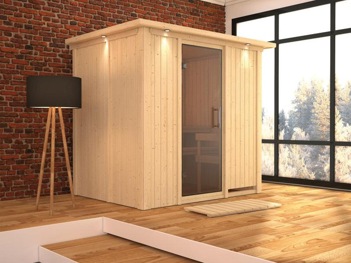 Karibu Sauna Bodin ohne Ofen, mit Dachkranz, mit moderner Saunatür