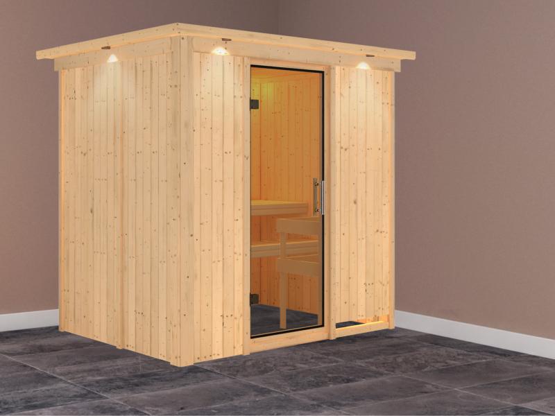 Karibu Sauna Bodin ohne Ofen, mit Dachkranz, mit Ganzglas Klarglastür