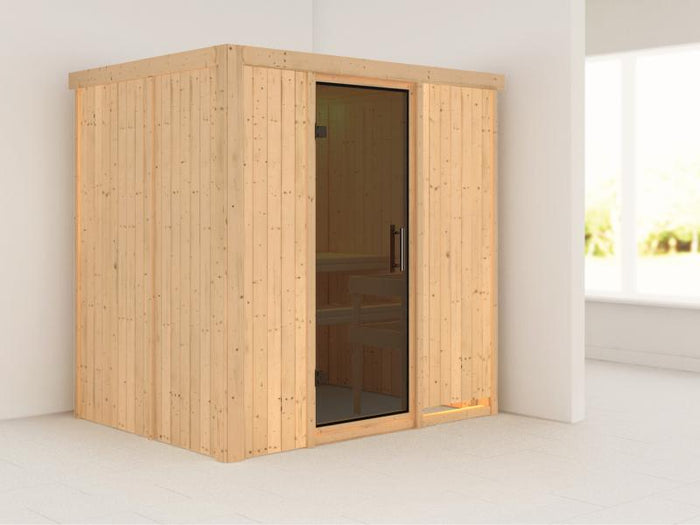 Karibu Sauna Bodin ohne Ofen, ohne Dachkranz, mit moderner Saunatür