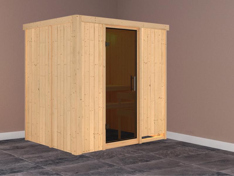 Karibu Sauna Bodin ohne Ofen, ohne Dachkranz, mit moderner Saunatür