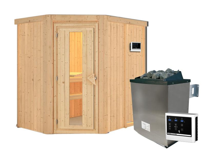 Karibu Sauna Carin inkl 9 kW Ofen ext. Steuerung, mit energiesparender Saunatür -ohne Dachkranz-