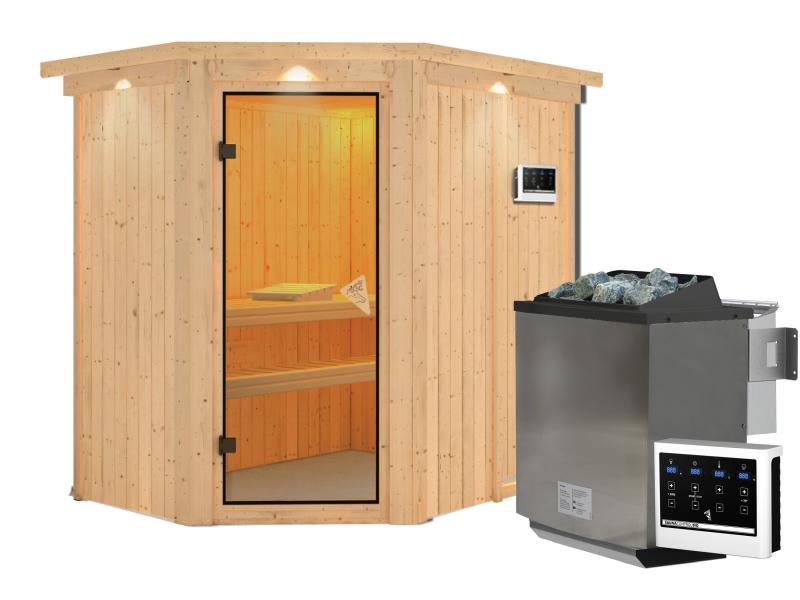 Karibu Sauna Carin inkl. 9 kW Bioofen ext. Steuerung mit bronzierter Ganzglastür - mit Dachkranz -