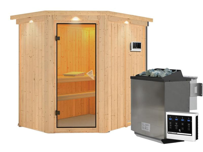 Karibu Sauna Carin inkl. 9 kW Bioofen ext. Steuerung mit bronzierter Ganzglastür - mit Dachkranz -