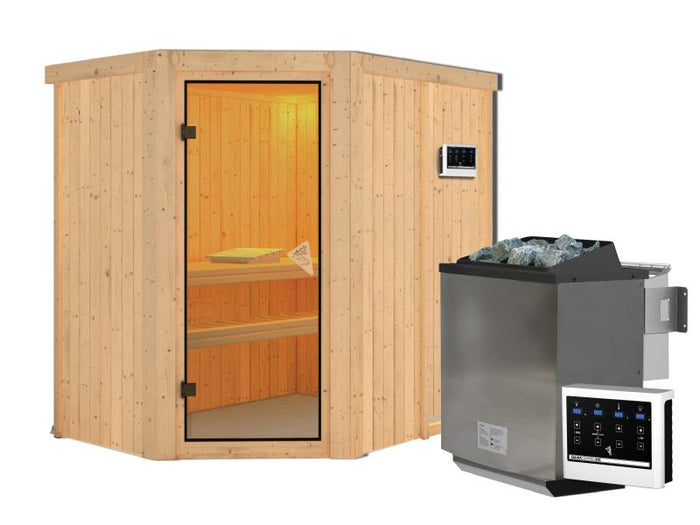 Karibu Sauna Carin inkl. 9 kW Bioofen ext. Steuerung mit bronzierter Ganzglastür - ohne Dachkranz -