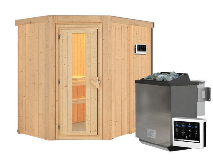Karibu Sauna Carin inkl. 9 kW Bioofen ext. Steuerung, mit energiesparender Saunatür -ohne Dachkranz-