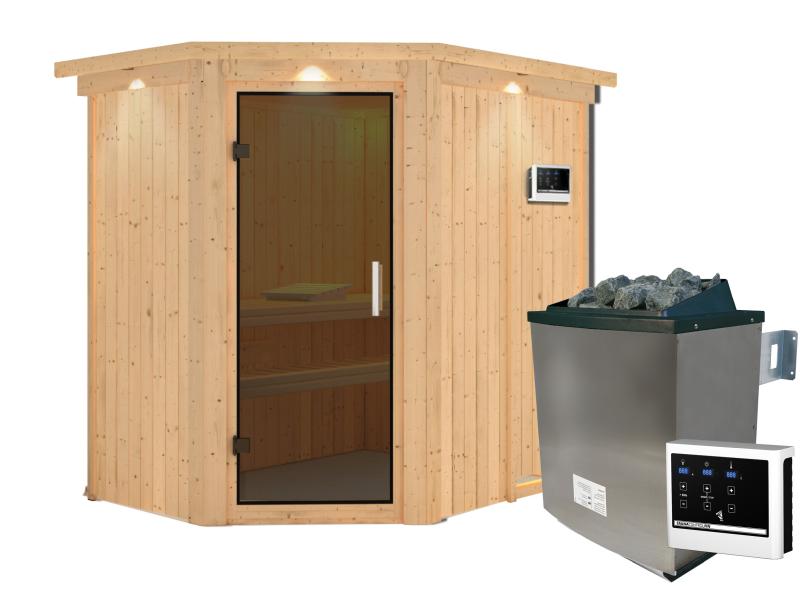 Karibu Sauna Carin inkl. 9 kW Ofen ext. Steuerung mit graphitfarbener Saunatür - mit Dachkranz -