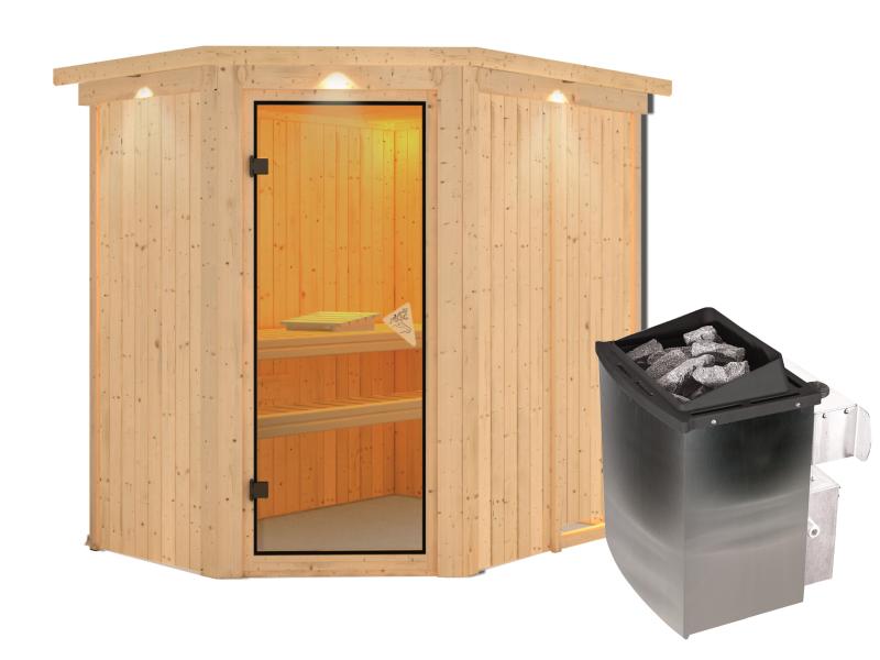 Karibu Sauna Carin inkl. 9 kW-Ofen integr. Steuerung mit bronzierter Ganzglastür - mit Dachkranz -