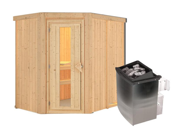 Karibu Sauna Carin inkl. 9 kW Ofen integr. Steuerung, mit energiesparender Saunatür - ohne Dachkranz