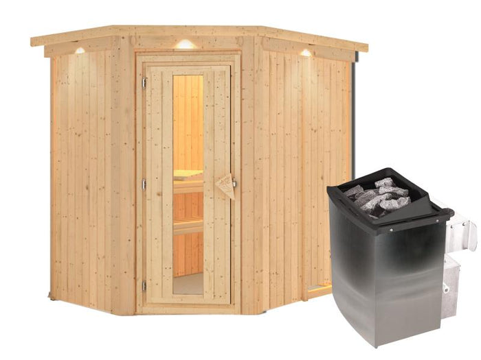 Karibu Sauna Carin inkl. 9 kW Ofen integr. Steuerung mit energiesparender Saunatür - mit Dachkranz -