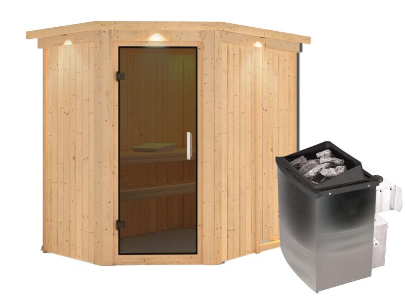 Karibu Sauna Carin inkl. 9 kW Ofen integr. Steuerung mit moderner Saunatür - mit Dachkranz -