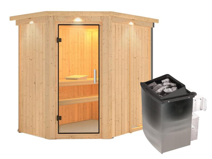 Karibu Sauna Carin inkl. 9 kW Ofen integr. Steuerung mit Klarglas Ganzglastür - mit Dachkranz -