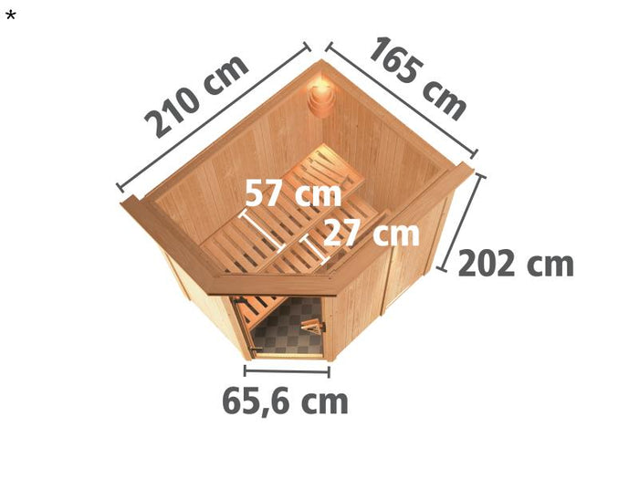 Karibu Sauna Carin ohne Ofen, mit Dachkranz, mit Klarglas Ganzglastür