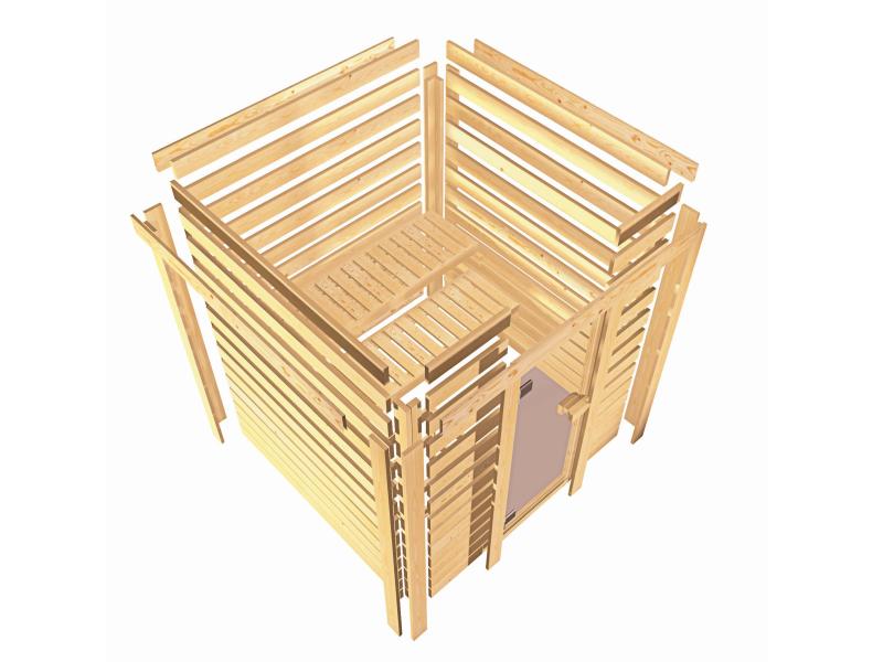 Karibu Sauna Elea inkl. 9 kW Bioofen ext. Steuerung mit klassischer Saunatür -mit Dachkranz-