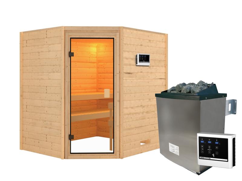 Karibu Sauna Elea inkl. 9 kW Ofen ext. Steuerung mit klassischer Saunatür -ohne Dachkranz-